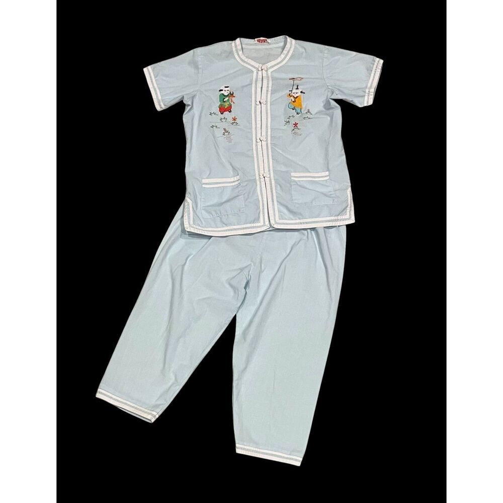 Vintage Plum Blossom 1960's Boys Oriental Pajama's Outfit Size 14 Blue